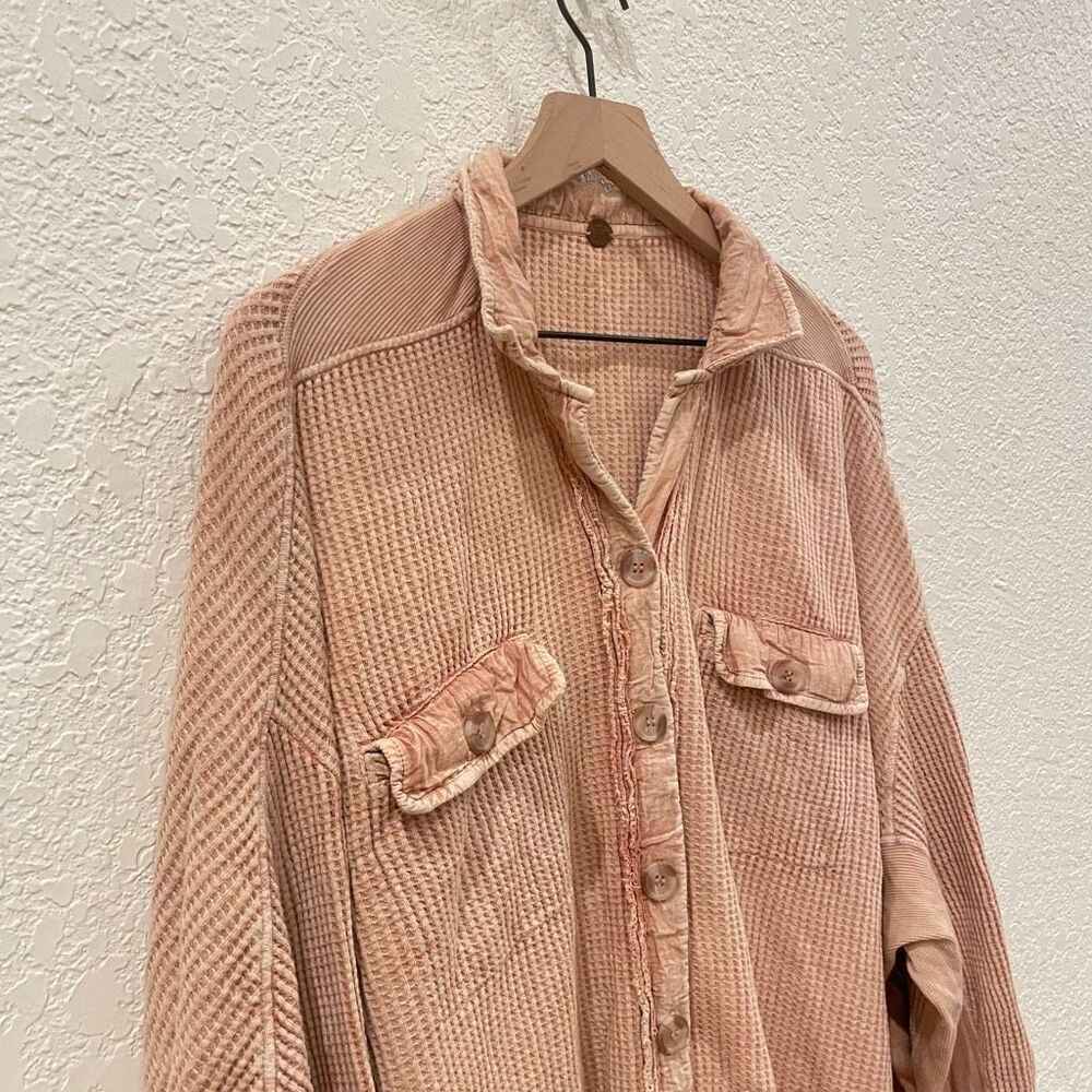 Free People FP One Scout Jacket Small Pink Waffle Thermal Oversized Shacket Boho - Picture 4 of 7